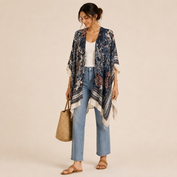 Time and Tru Sweaters - Blue Floral Paisley Boho Kimono Cardigan L-XL Open Front Wrap Gypsy Western